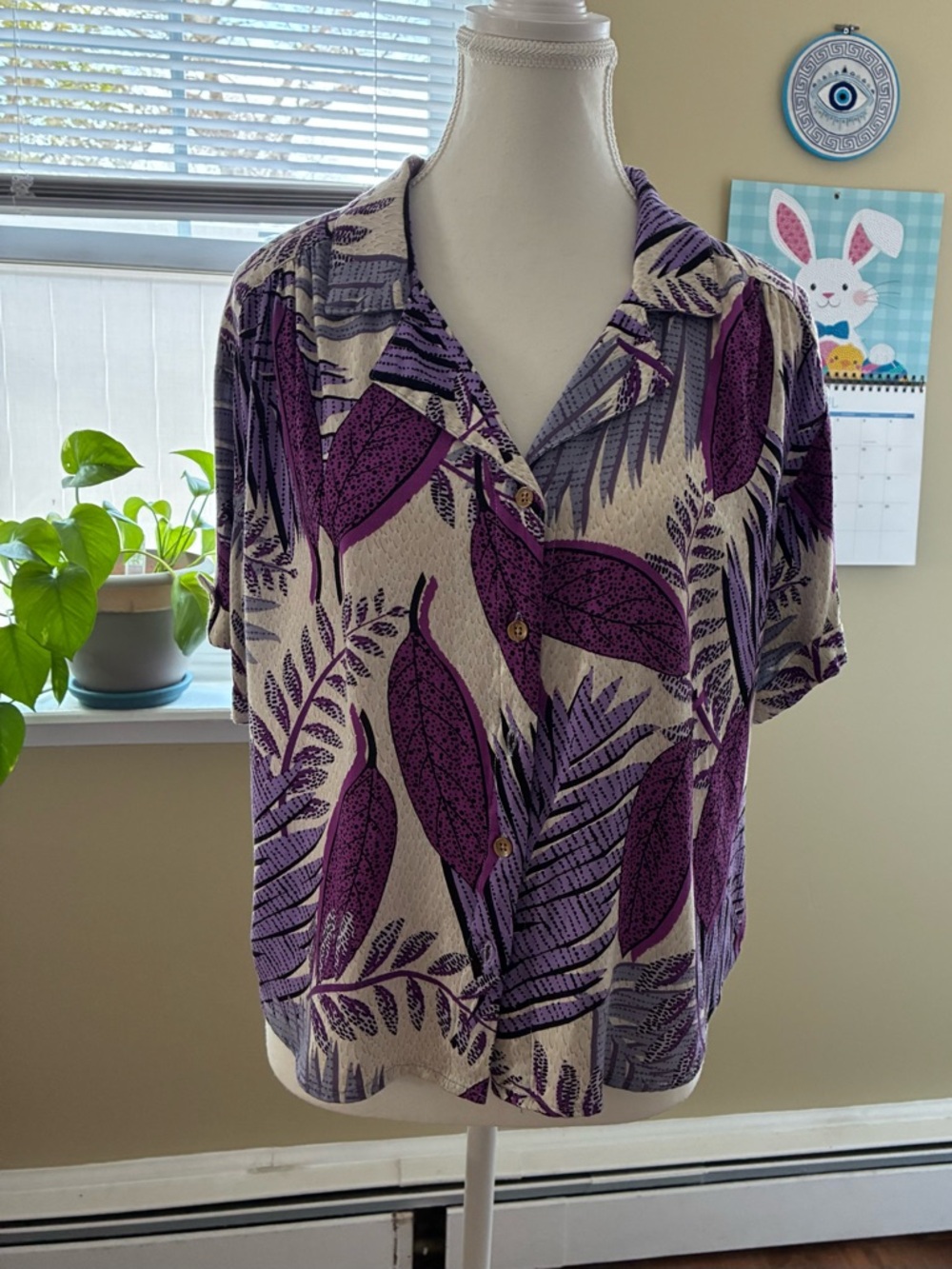 Jane and Delancey Purple Leaf Print Button-Down Top
